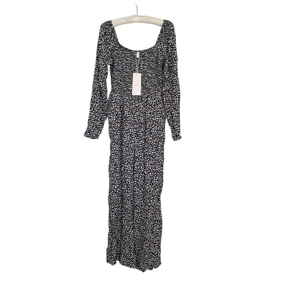 DOKOTOO Black Floral Elasticized Smocked Pant Suit Size L Stretch Top Wide Leg - Picture 3 of 6